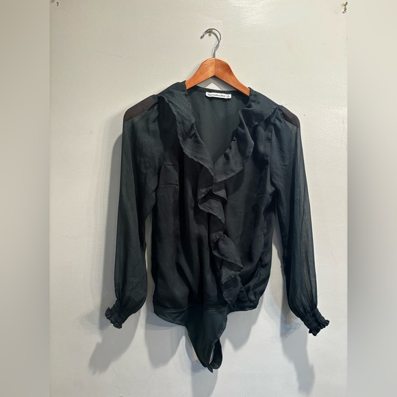 Sheer green and black Long Sleeve Bodysuit size small ruffles sheer feminine - Picture 1 of 10